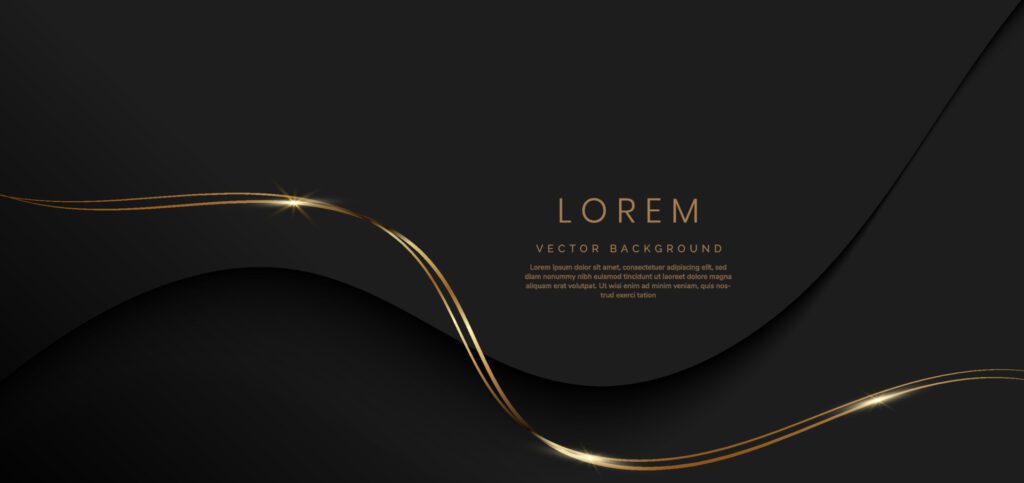 Abstract 3d black background with gold lines curved wavy sparkle with copy space for text. Luxury style template design. Free Vector