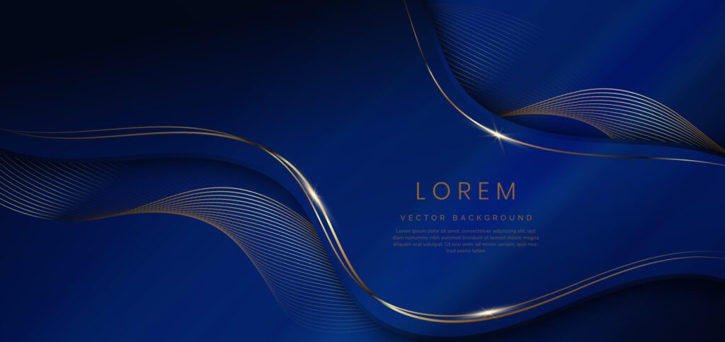 Abstract 3d dark blue background with gold lines curved wavy sparkle with copy space for text. Luxury style template design. Free Vector