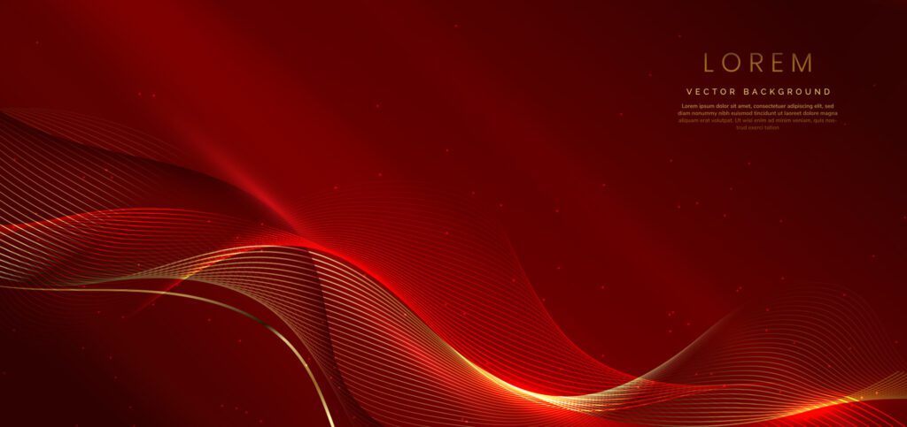 Abstract 3d gold and red wave line on red background with lighting effect and sparkle with copy space for text. Free Vector