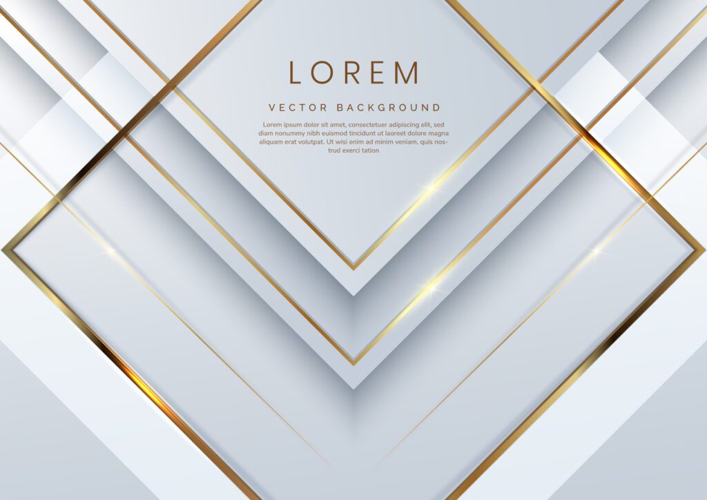 Abstract 3d modern luxury template white and silver arrow background with golden glitter line light sparkle. Free Vector