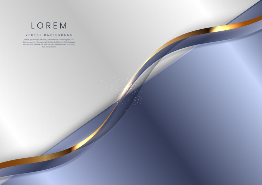 Abstract 3d template diagonal soft blue with gold curve lines on white background. Luxury concept with copy space for text. Free Vector