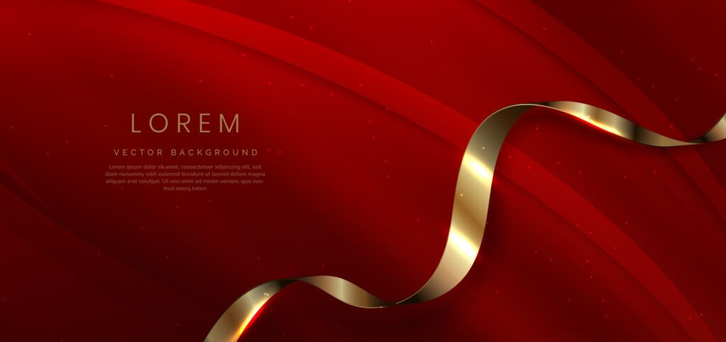 Abstract 3d template red background with gold lines curved wavy with copy space for text. Luxury style. Free Vector