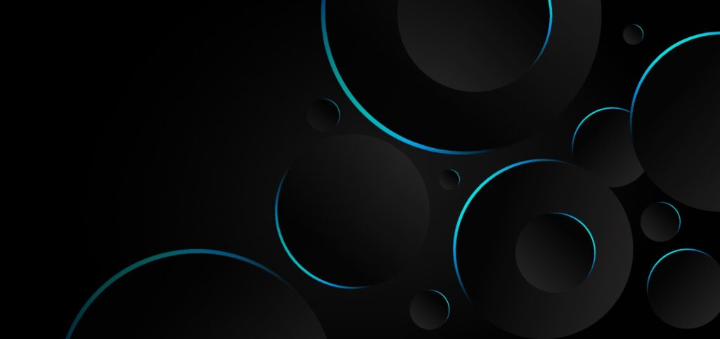 Abstract black and gray circles overlapping background blue neon border. Free Vector