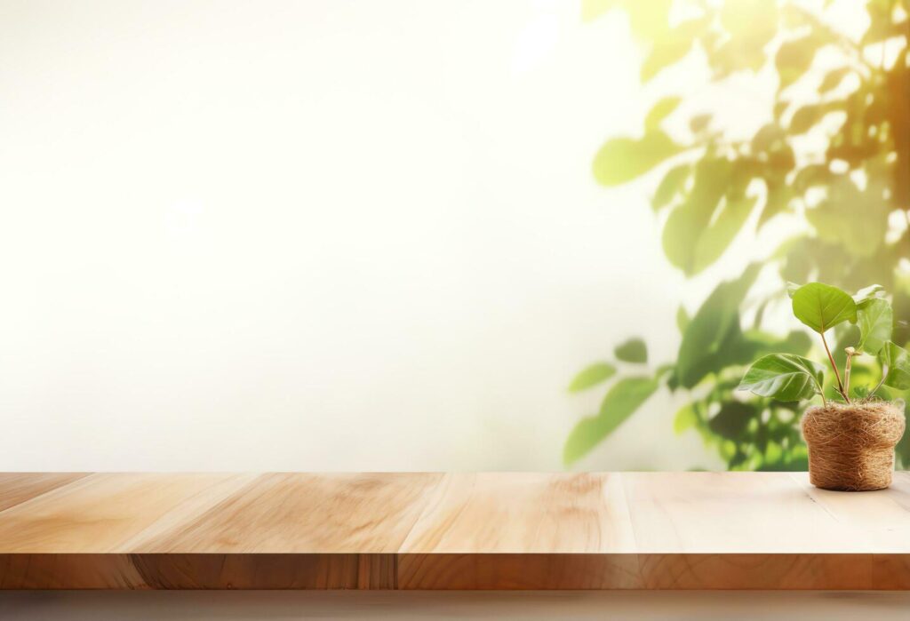 Abstract blank wooden tabletop over blurred green plant in garden background with morning sunlight, AI Generated Stock Free