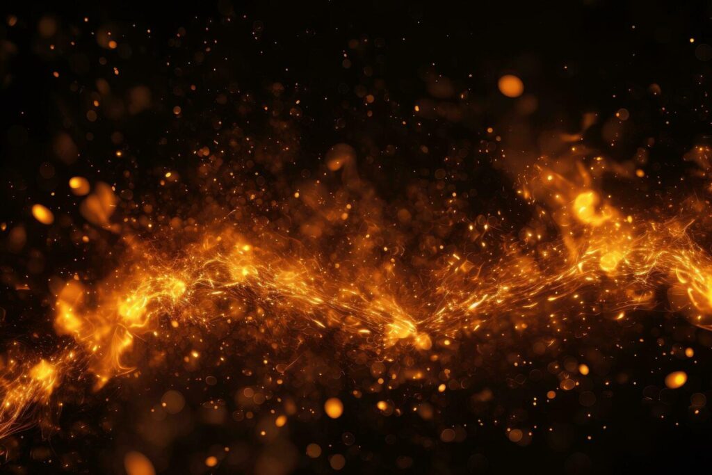 Abstract fire flames on black background. Fantasy glowing particles. 3D rendering, Detail of fire sparks isolated on black background, AI Generated Stock Free