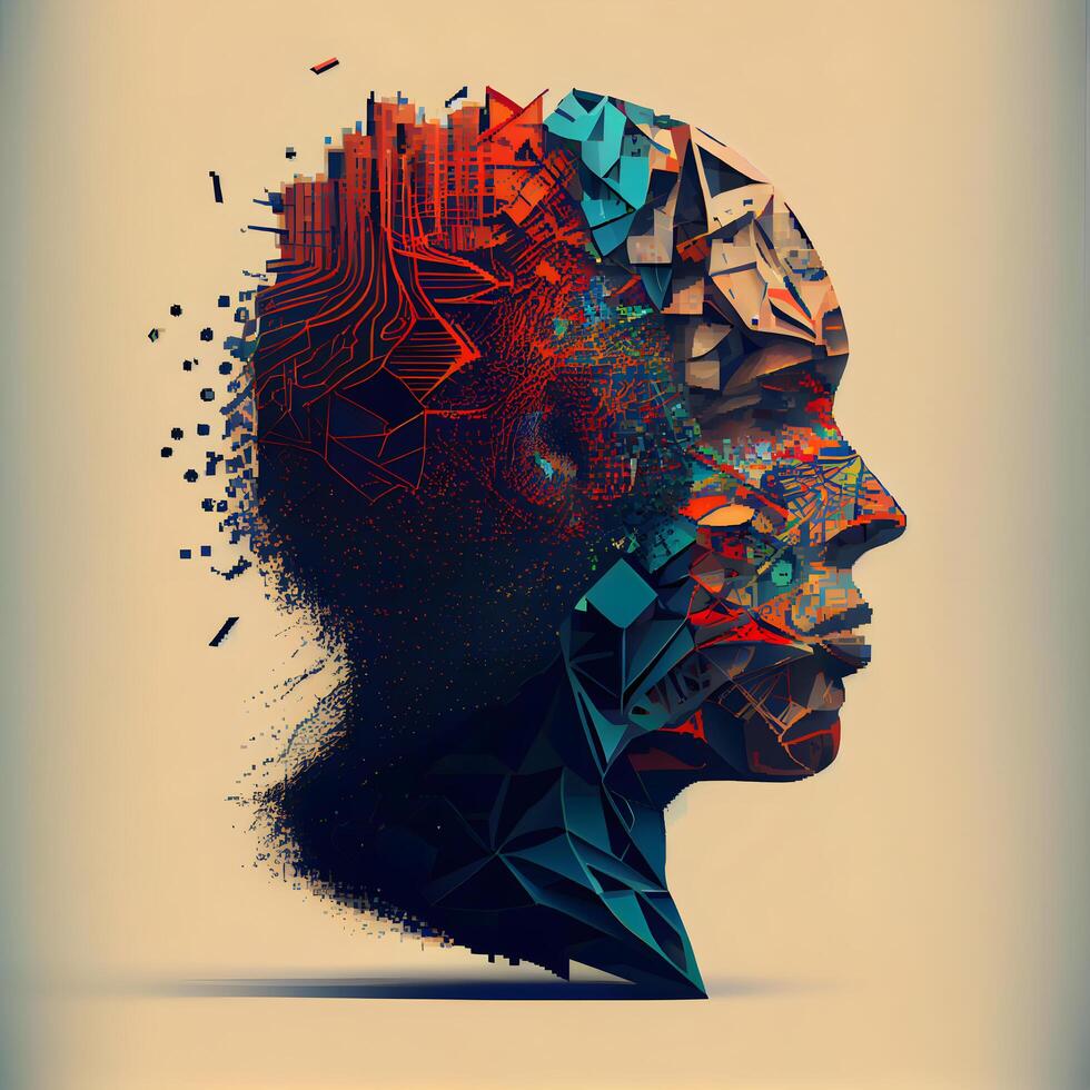 Abstract human head made of colorful geometric shapes. 3d rendering., Image Free Photo