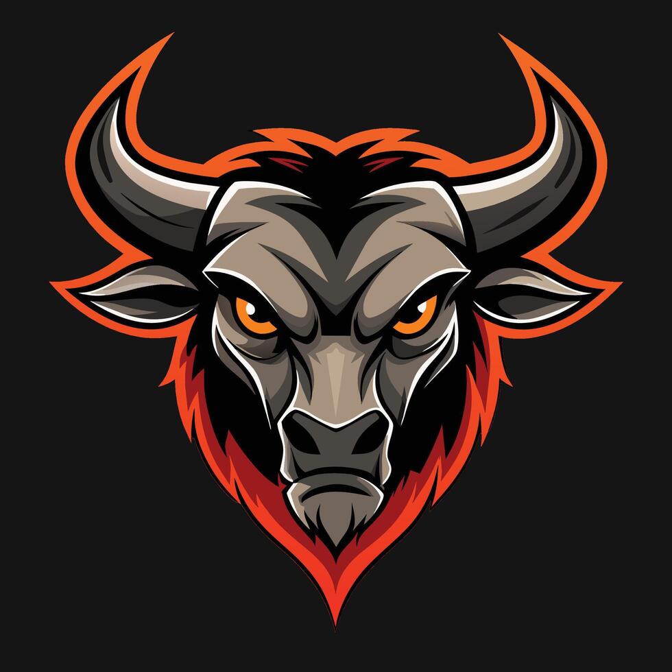 Abstract interpretation of a bulls head featuring striking orange eyes against a black backdrop, Bull head logo. Abstract stylized cow or bull head with horns icon Stock Free