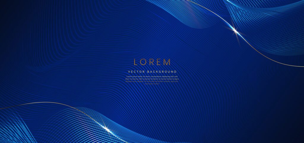 Abstract luxury golden lines curved overlapping on dark blue background. Template premium award design. Free Vector