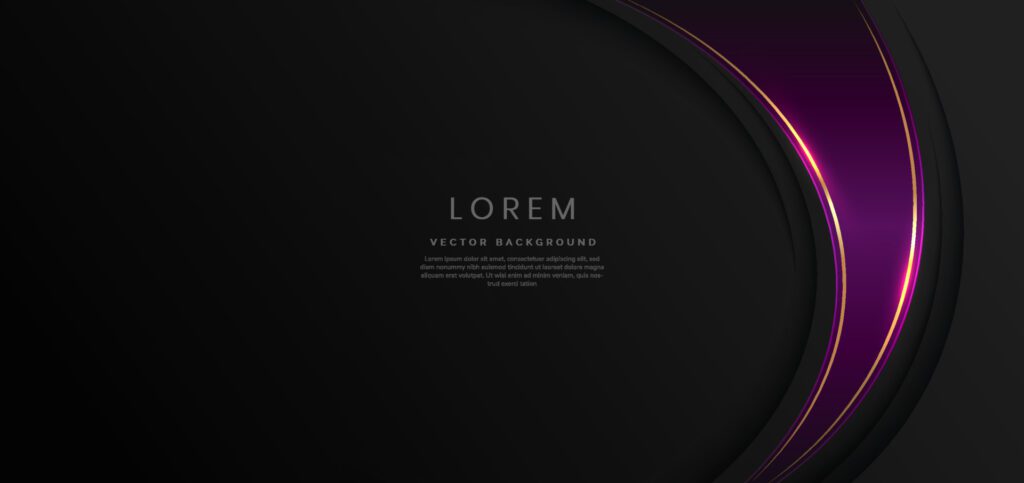 Abstract luxury violet curves with elegant golden border on black background space for text. Template design style. Free Vector