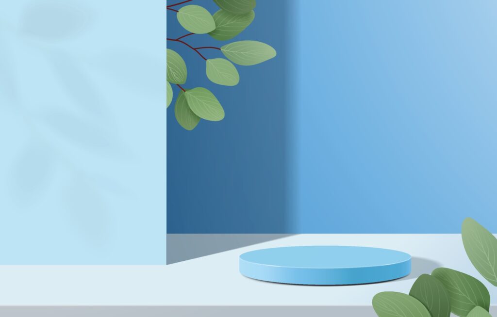 Abstract minimal scene with geometric forms. cylinder podium in blue background with leaves. product presentation, mock up, show cosmetic product, Podium, stage pedestal or platform. 3d vector Free Vector