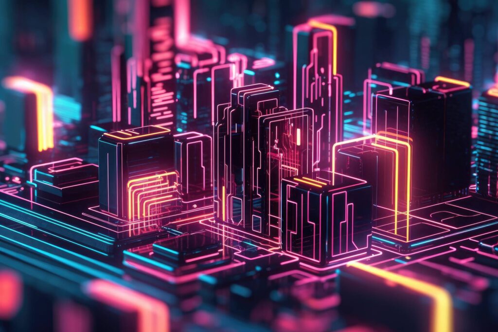 Abstract Neon Visualization of a Large City with Skyscrapers Stock Free