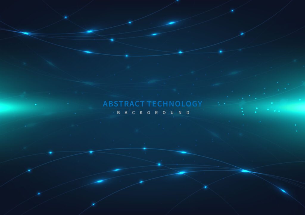 Abstract technology futuristic digital concept laser curved lines pattern with lighting glowing particles on dark blue background. Free Vector