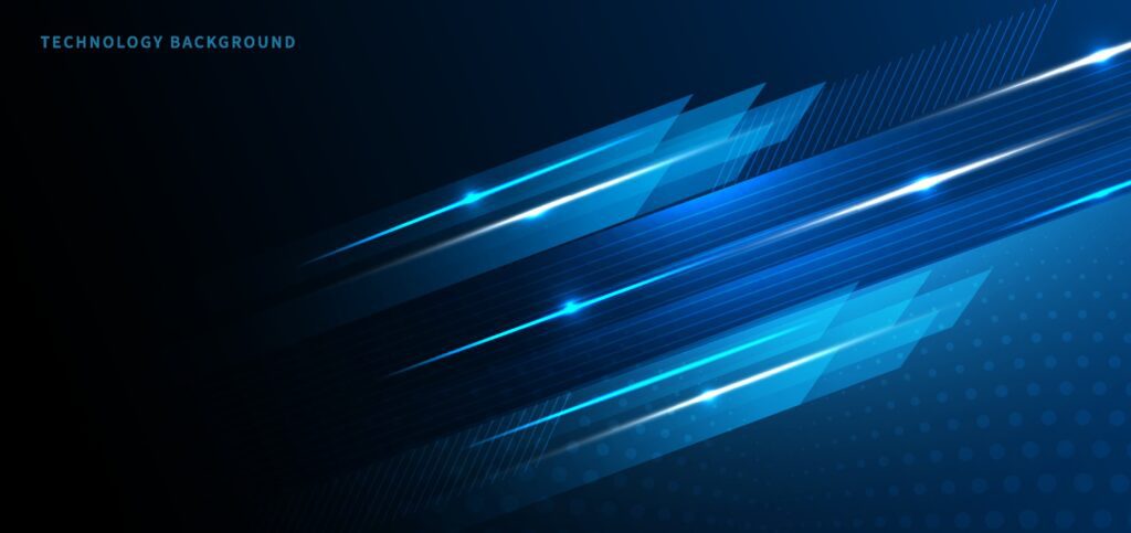 Abstract technology geometric blue color with blue light on black background. Free Vector