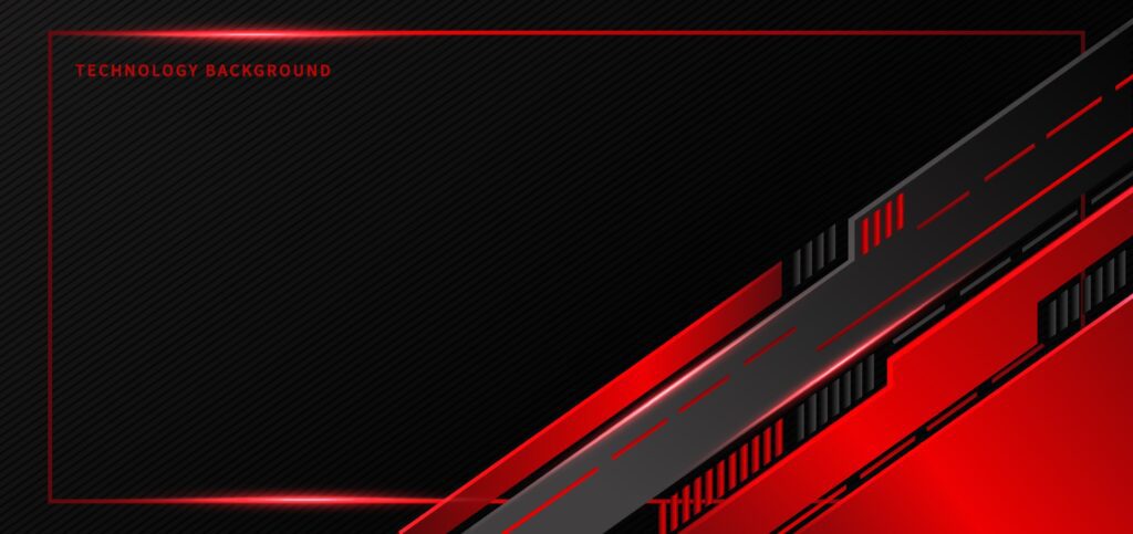 Abstract technology geometric red and black color with red light on black background. Free Vector