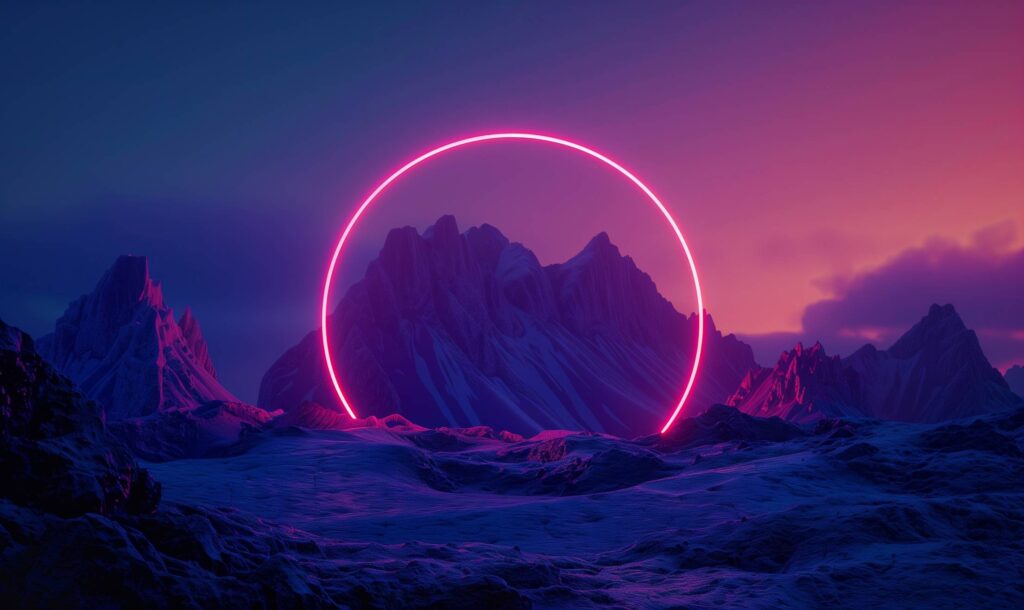 Abstract Wallpaper Mountains with a Neon Glowing Circle Stock Free