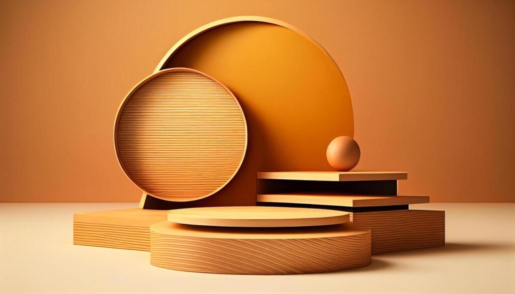 Abstract wood podium or platform with space for product presentation or advertising concept. Empty display stage with brown background. Free realistic 3d illustration scene by . Stock Free