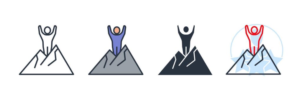 achievement icon logo vector illustration. Man standing on the top of Mountain symbol template for graphic and web design collection Stock Free