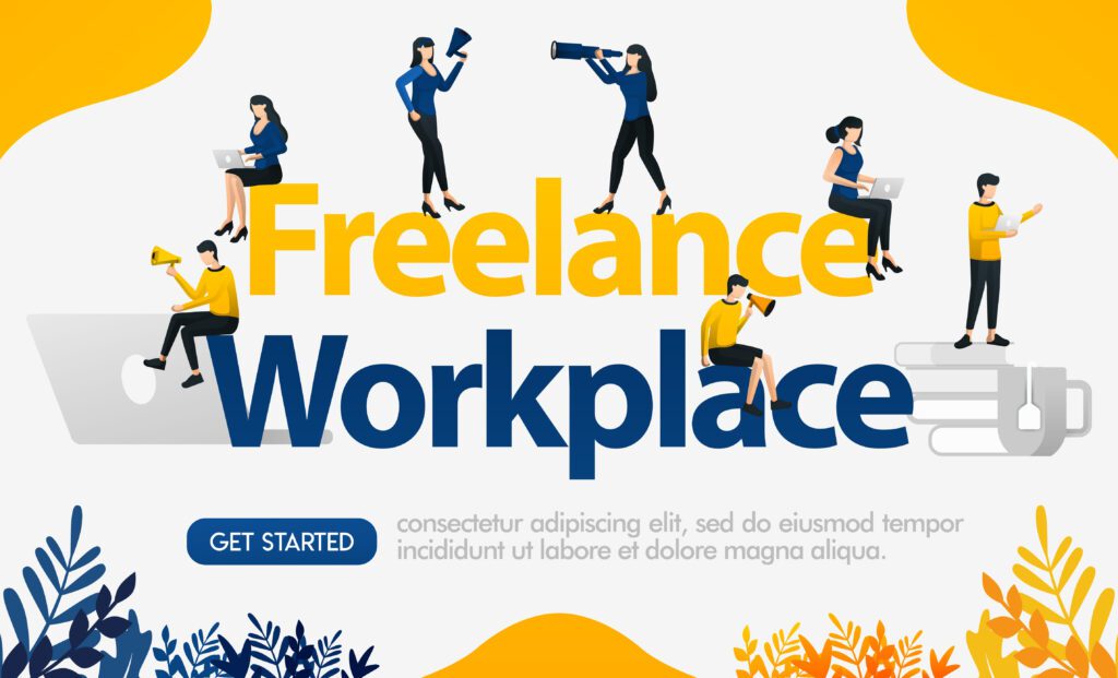 Ads for websites work with freelance method with words FREELANCE WORKPALCE, concept vector ilustration. can use for landing page, template, ui, mobile app, poster, banner, flyer, background, website Free Vector