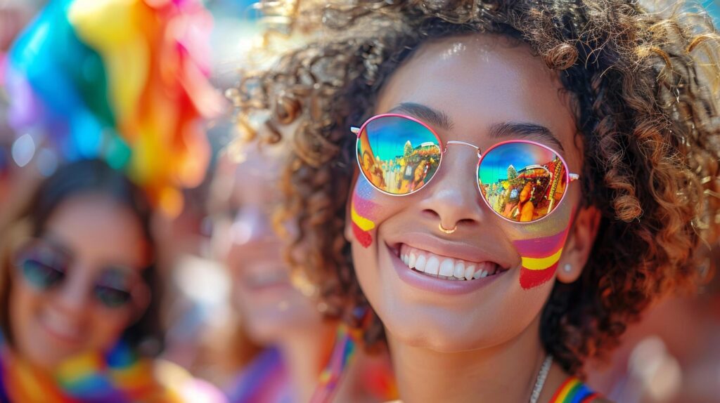 African Ameracan female lesbian in sunglasses is smile and having fun at the LGBTQ with rainbow colorful flags in celebrate pride mouth parade. AI-Generated Free Photo