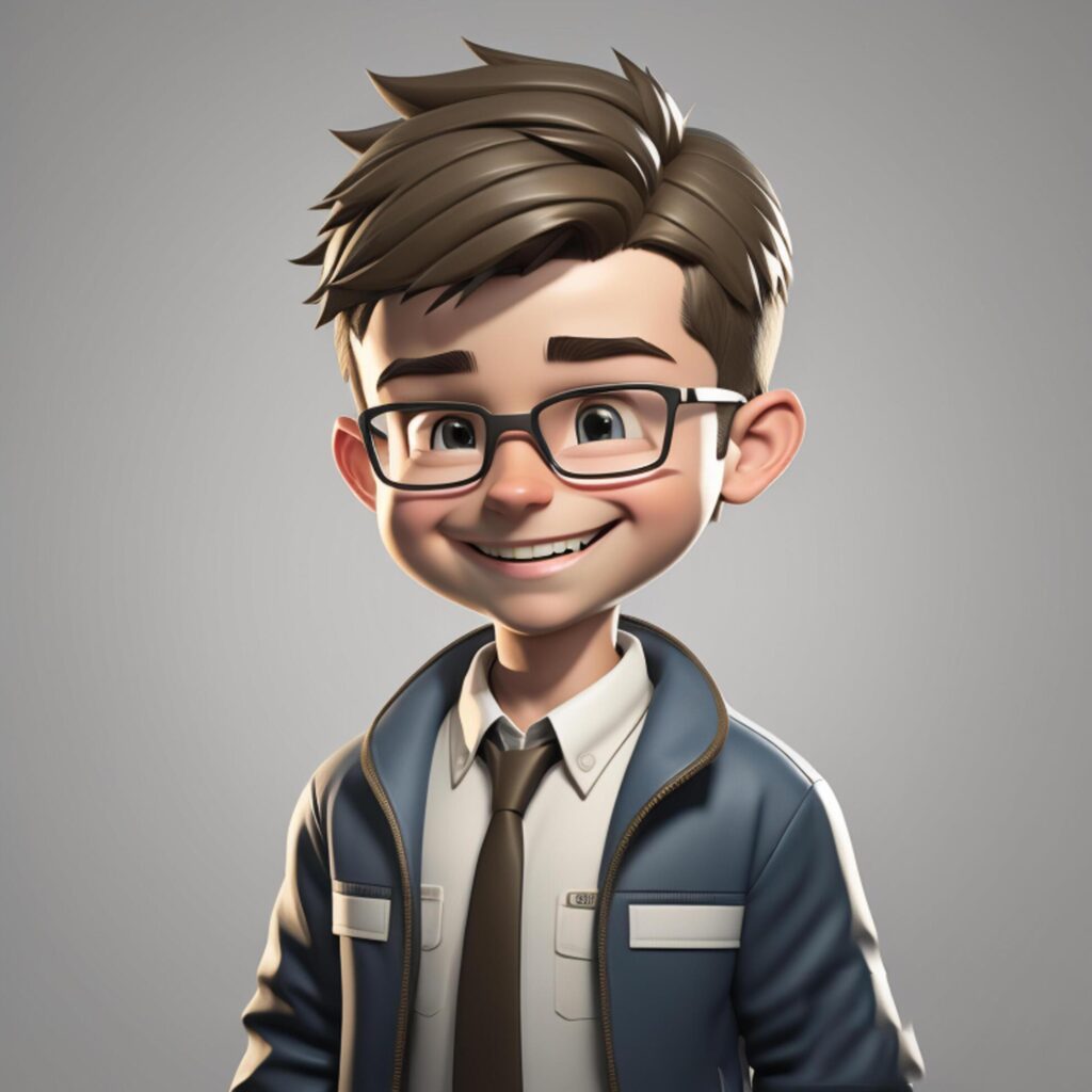 3D Cute School Boy Character Beaming on White Free Photo