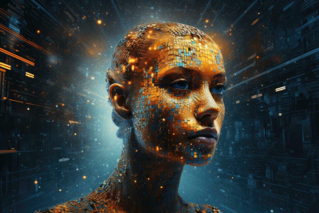 3D rendering of a female cyborg head in cyberspace, AI Generated Free Photo