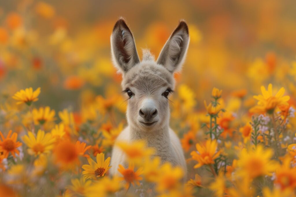 a baby alpaca in a field of flowers Free Photo