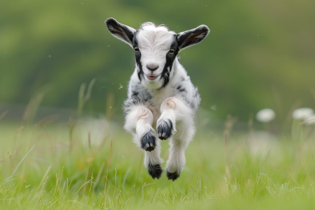 a baby goat is jumping in the air Free Photo