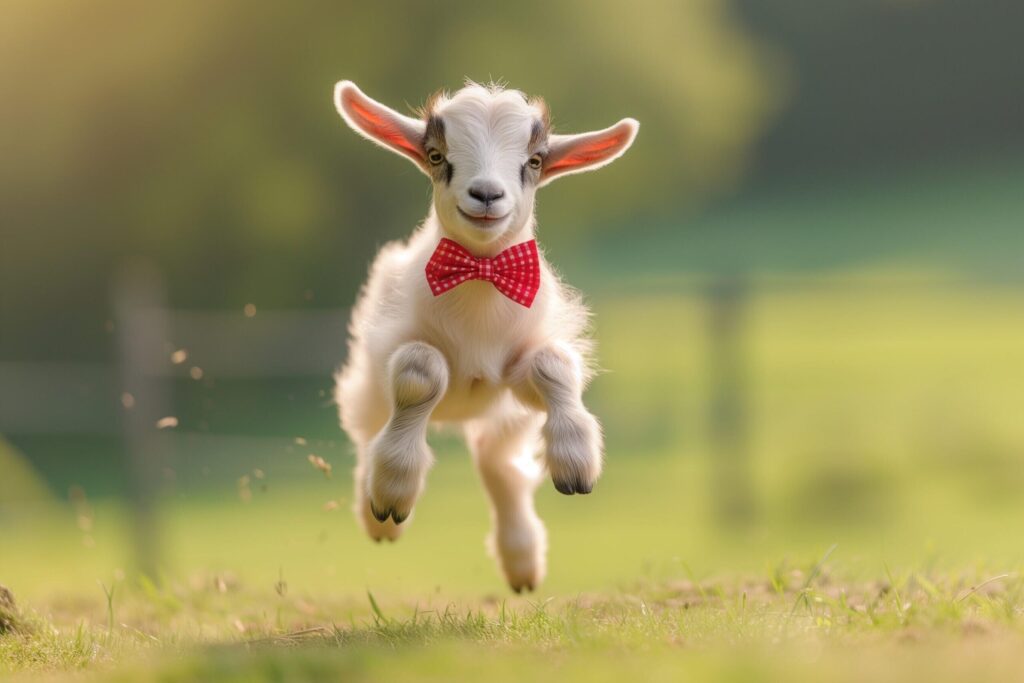 a baby goat with a red bow tie running through the grass Free Photo