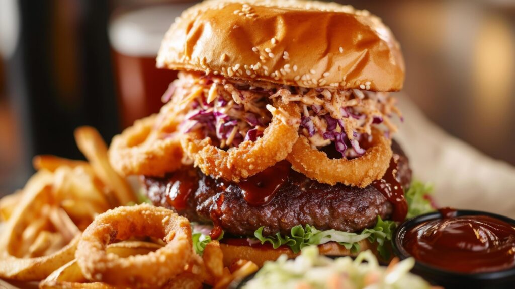 A barbecue burger topped with onion rings and a tangy coleslaw, served with a side of crispy fries Free Photo