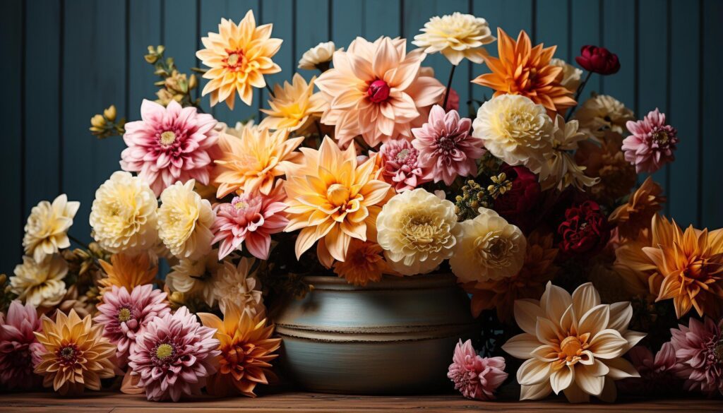 A beautiful bouquet of colorful flowers decorates the wooden table generated by AI Free Photo