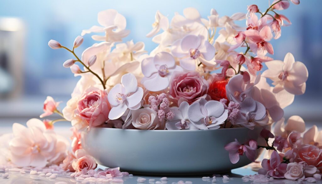 A beautiful bouquet of fresh pink flowers on a table generated by AI Free Photo