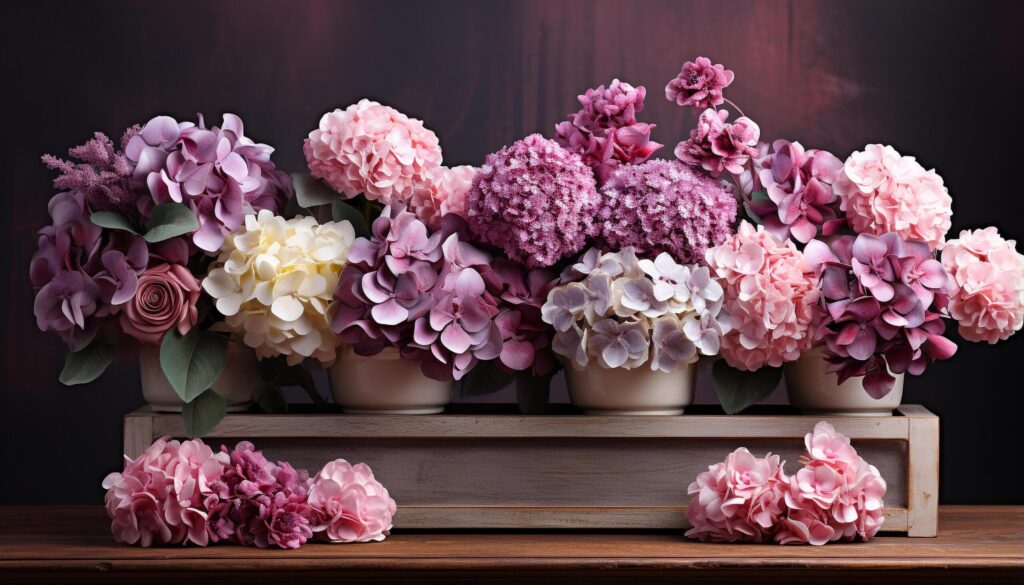 A beautiful bouquet of pink and purple flowers decorates the table generated by AI Free Photo