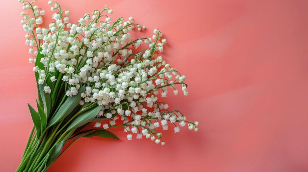 AI generated A beautiful bouquet of White lilies of the valley lies on the left on a pink minimalistic pastel background Stock Free