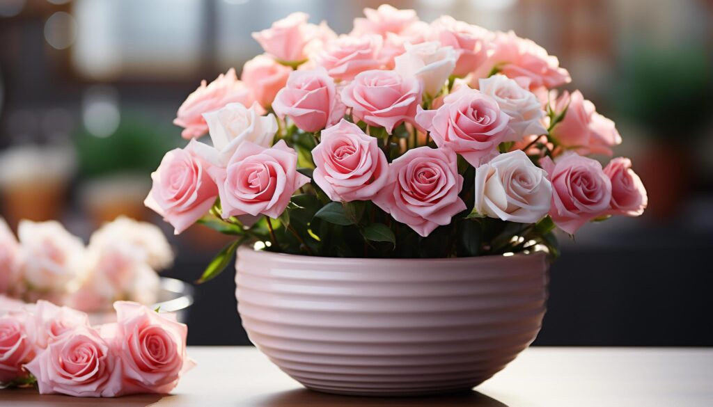 A beautiful pink bouquet decorates the wooden table generated by AI Free Photo