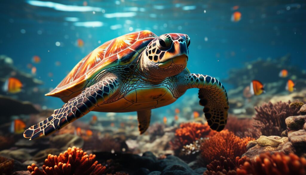 A beautiful sea turtle swimming in the colorful coral reef generated by AI Free Photo