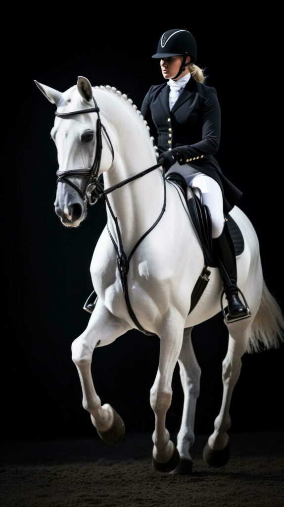 A beautiful shot of a horse and rider in full dressage regalia, executing a perfect jump Free Photo