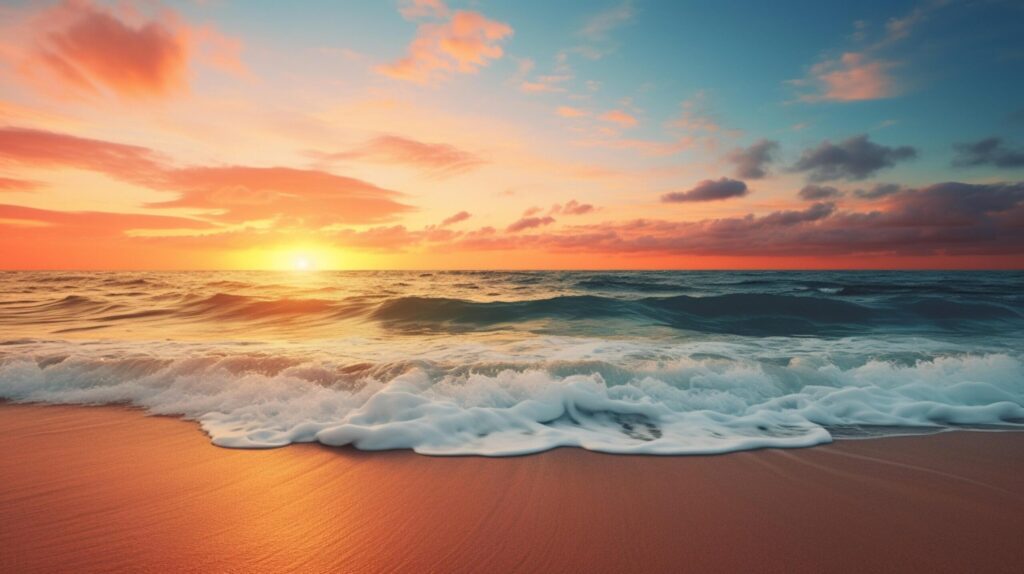 a beautiful sunset over the ocean with waves Free Photo