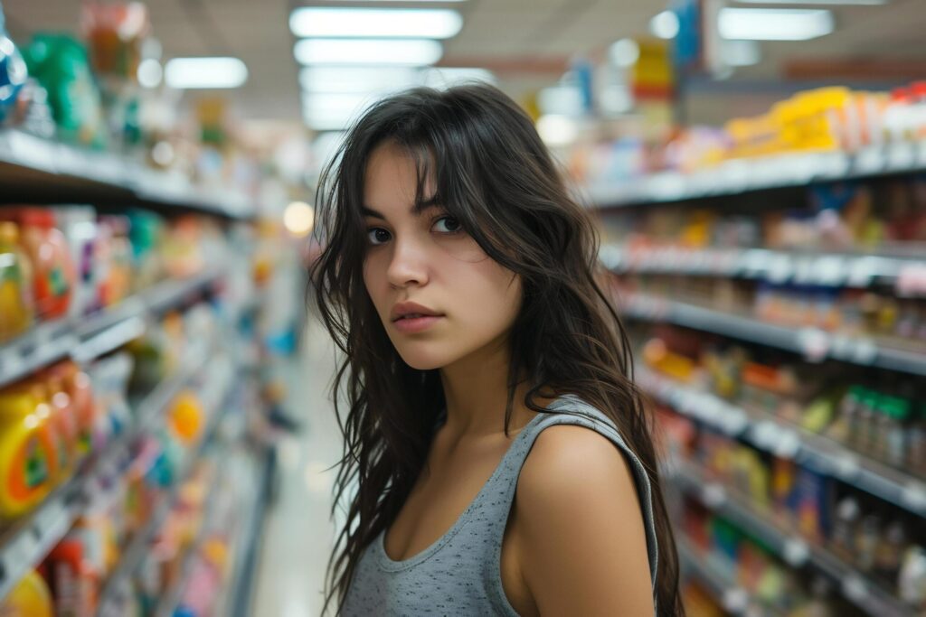 a beautiful young lady inside grocery store Free Photo