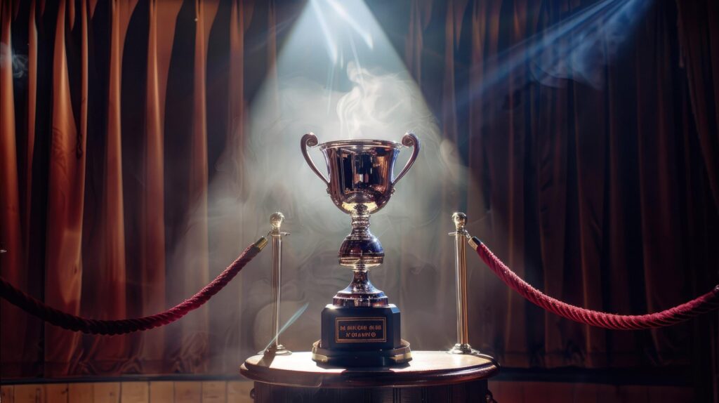 A beautifully crafted silver trophy positioned on a pedestal Free Photo