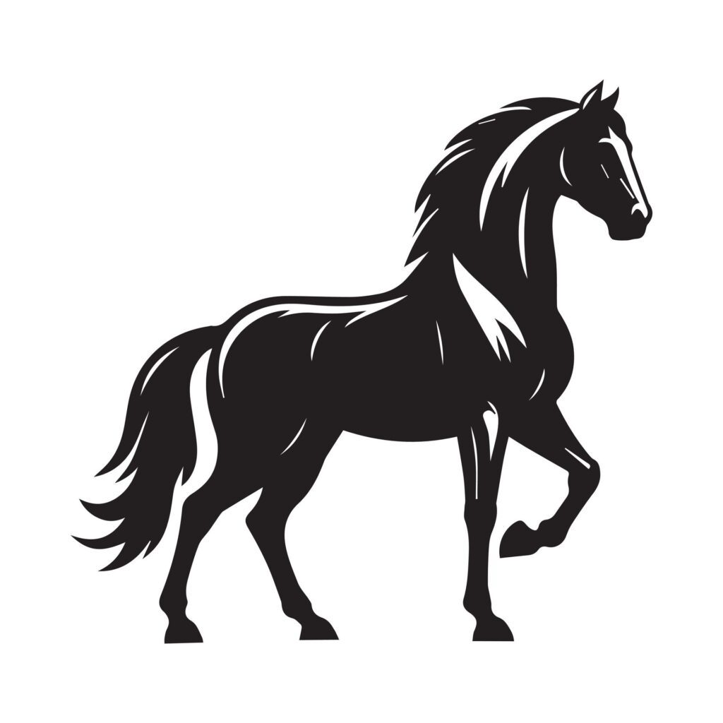 a black and white drawing of a horse with a black mane and tail Free Vector