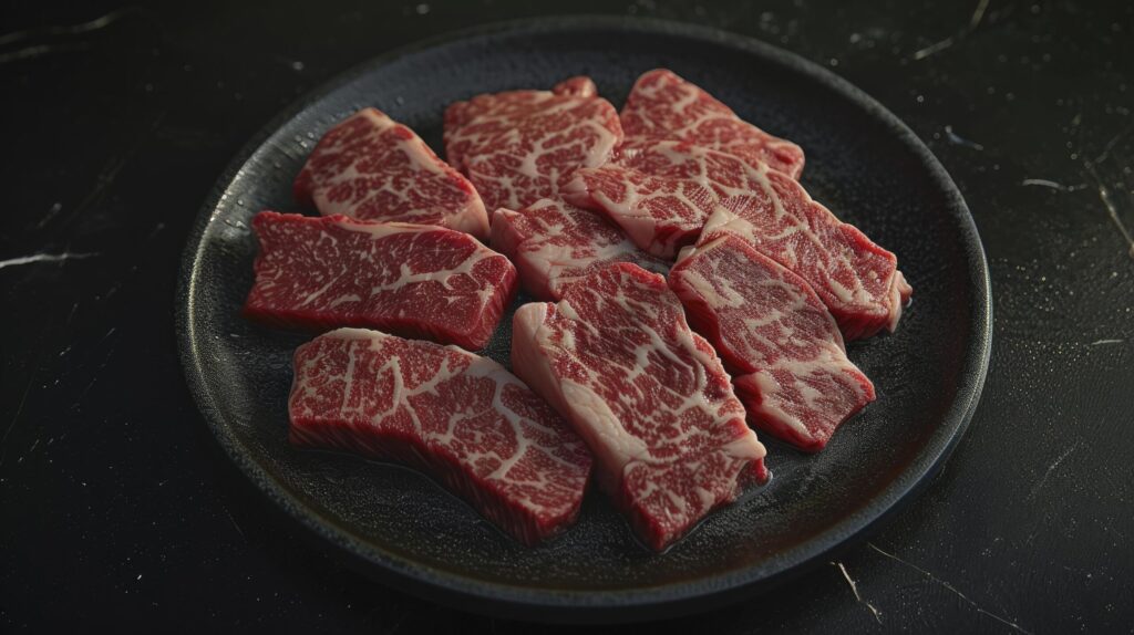 a black plate with beef cuts that have been sliced Free Photo