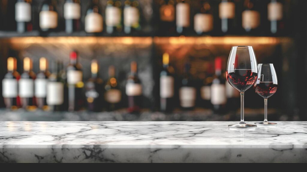 AI generated A blank marble tabletop with blurred wine glasses and bottles in the background suitable for showcasing wine or beverage products Stock Free