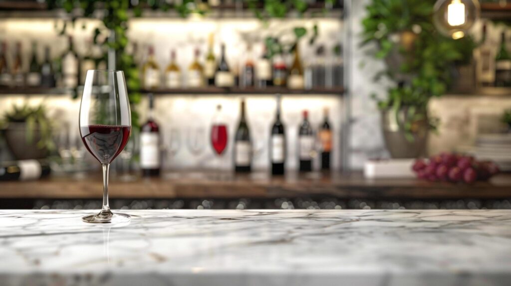 A blank marble tabletop with blurred wine glasses and bottles in the background suitable for showcasing wine or beverage products Free Photo