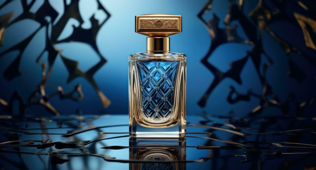 AI generated a bottle of perfume on a blue background with gold and black, Stock Free