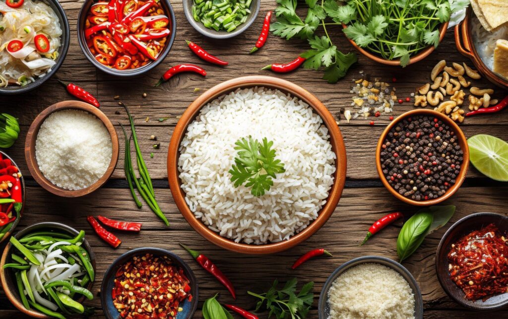 A bowl of cooked white rice surrounded by an assortment of vibrant spices and herbs Free Photo