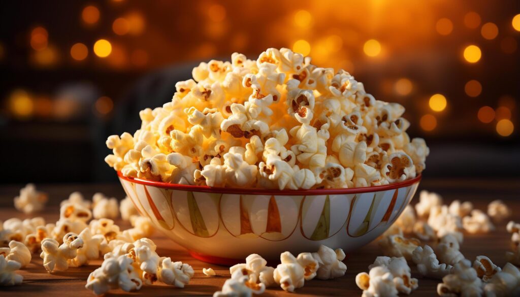 A bowl of fresh, fluffy popcorn for movie night generated by AI Free Photo