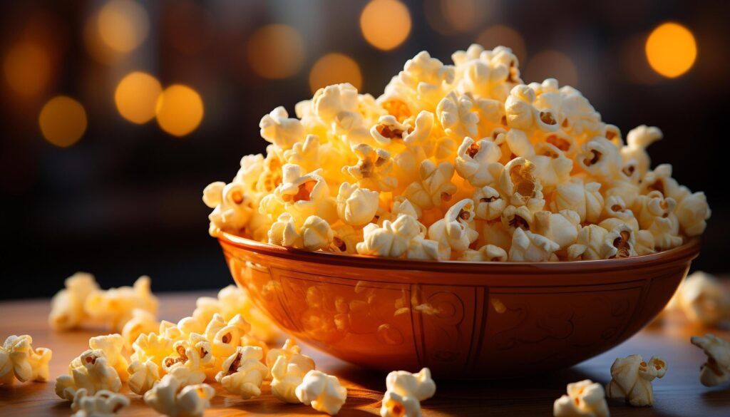 A bowl of fresh popcorn, a movie night delight generated by AI Free Photo