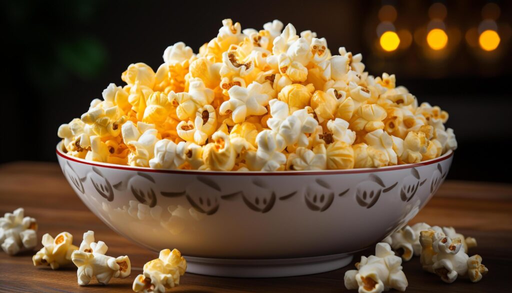 A bowl of fresh popcorn, a movie theater delight generated by AI Free Photo