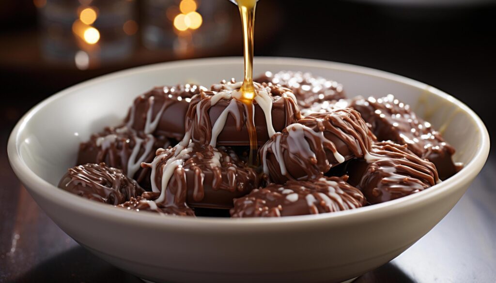 A bowl of homemade chocolate truffles on a wooden plate generated by AI Free Photo