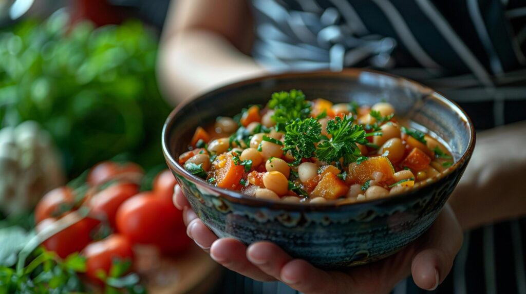 A bowl of homemade soup filled with fresh vegetables Free Photo